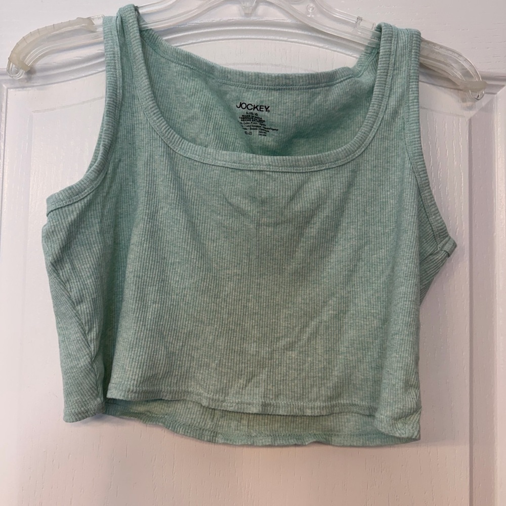 Jockey Light Green Ribbed Crop Top | Fitted | Square-Scoop Neck | Size L
